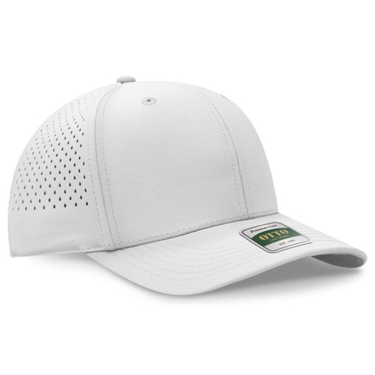 A white perforated cap with a curved brim and an adjustable back, featuring a logo on the side.