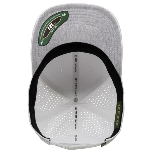 A grey perforated cap with a structured 6-panel design and an interior lining featuring ventilation details.