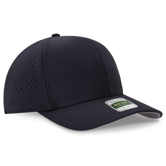 A navy cap featuring a perforated design and a logo on the side.