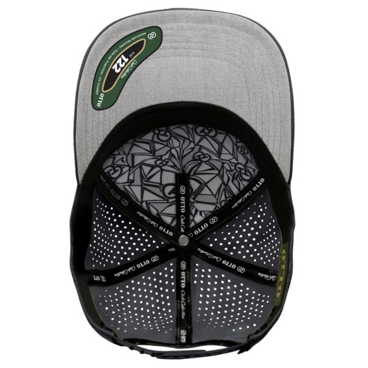 A grey 5-panel cap with perforated design and an inner patterned lining. Includes a logo on the front.