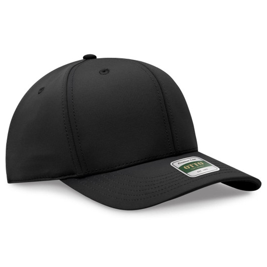 A black 5-panel cap featuring a curved brim and a branded tag on the side.