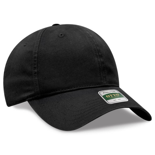 A black six-panel low profile dad cap with a curved brim and a logo on the front.