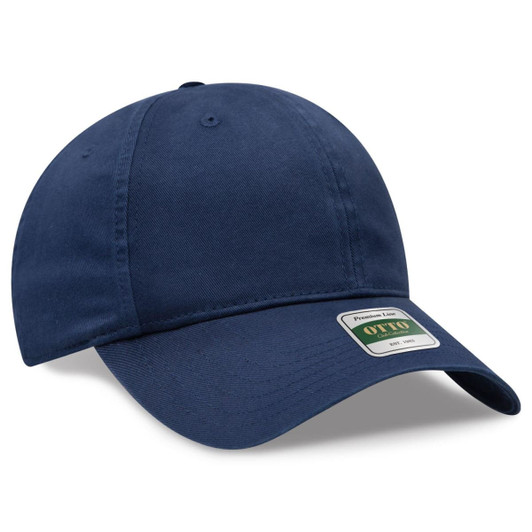 A navy blue low profile dad cap with a curved brim and a branded label on the side.