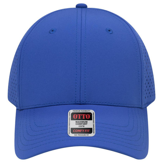 A blue 6 panel low profile perforated baseball cap with a logo on the front.