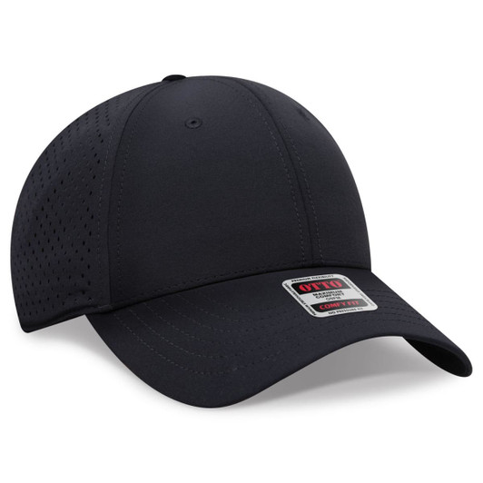 A low-profile, perforated baseball cap in black with a logo on a patch.