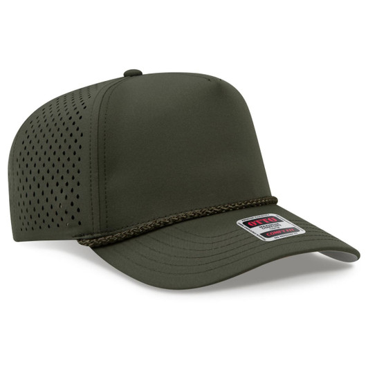 A 5 panel mid profile perforated rope cap in olive green, featuring a distinctive design and a logo.