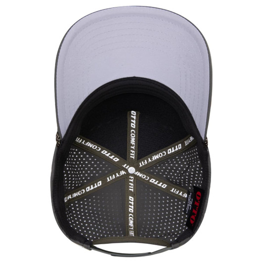 A black perforated rope cap with a mid-profile design and a branded interior, featuring a grey underbill.