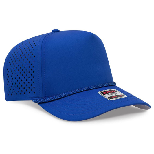 A blue 5 panel mid profile perforated rope cap featuring a mesh design and a branded label on the front.