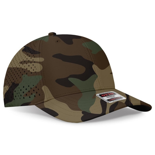 A camouflage perforated baseball cap with a mid-profile design and an adjustable fit, featuring a logo.