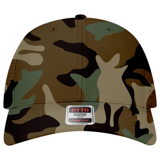 A camouflage baseball cap in shades of brown, green, and tan with a logo on the front.