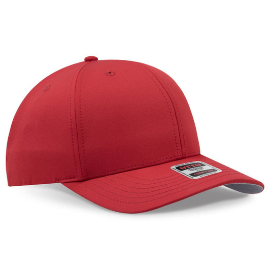 A red 6 panel mid-profile baseball cap with a curved peak and a logo on the front.