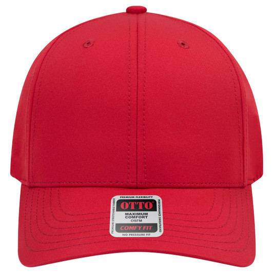 A red 6-panel mid-profile baseball cap with a logo on the front and stitched details.