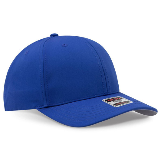 A blue 6 panel mid-profile baseball cap with a branded tag, featuring a curved peak and stitched detailing.