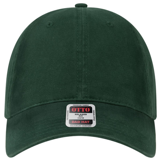 A dark green six-panel low profile dad hat with a logo on the front.