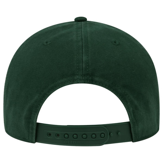 A dark green 6-panel low profile dad hat featuring an adjustable strap and a logo.