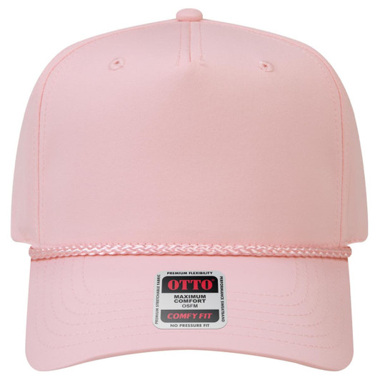 A pink 5 panel mid profile rope baseball cap with a logo on the front and a braided detail around the brim.