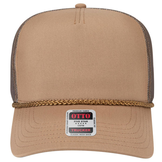 A beige 5 panel mid-profile trucker hat features a brown rope trim and a branding label on the front.