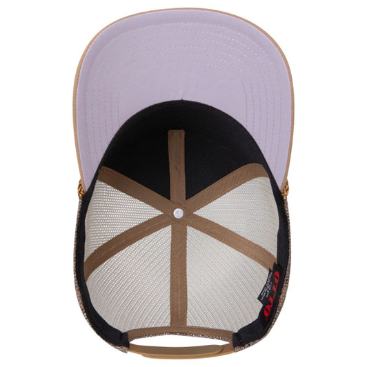 A 5 Panel Mid Profile Rope Trucker Hat featuring a light purple front, a black mesh back, and brown accents.