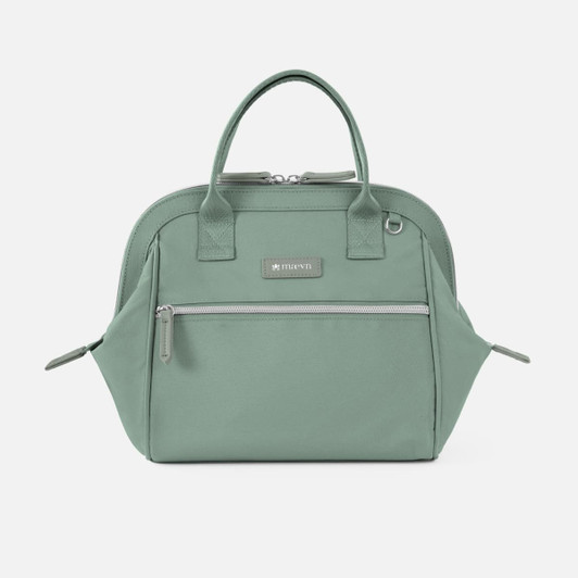 A green insulated lunch bag with two side pockets and a front zipper compartment, featuring handles and a logo.