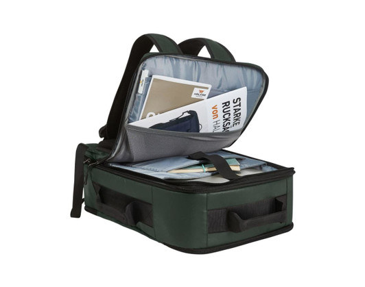 A green active travel backpack opened, revealing compartments with documents and a laptop sleeve. It has a logo.