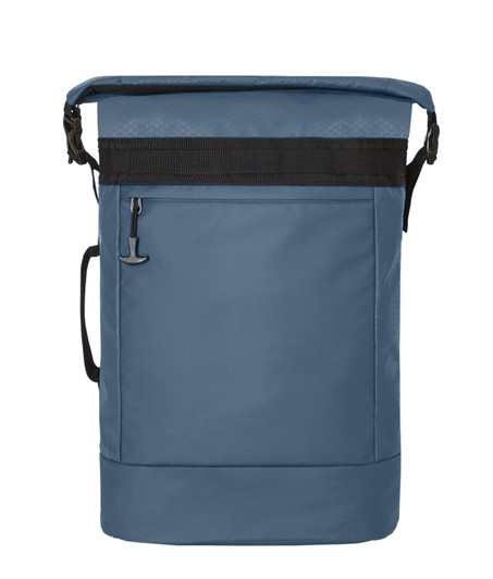 A blue backpack with a top roll closure, featuring a front pocket and a logo.