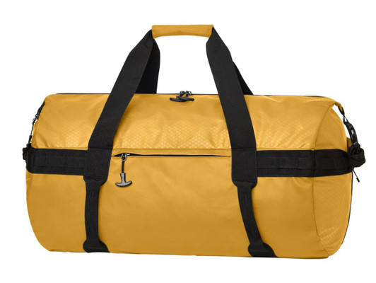A yellow sports/travel bag with black straps and zippers, featuring a spacious main compartment and an outer pocket.