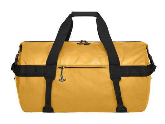 A yellow sports/travel bag with black straps and a zipper, featuring a logo on the side.
