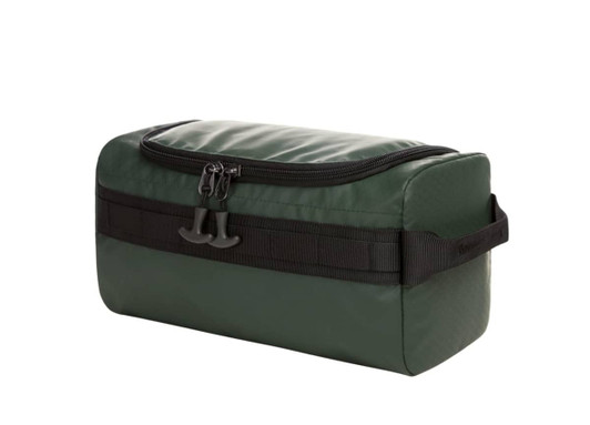 A green wash bag with a black zip and strap, featuring a sleek rectangular design and a logo.