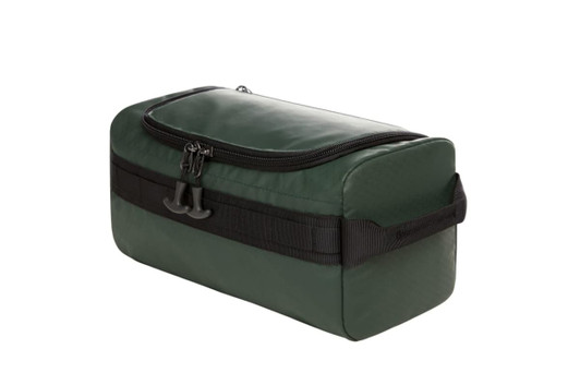 A green wash bag featuring a zip closure and a handle, made from durable material, with a logo.