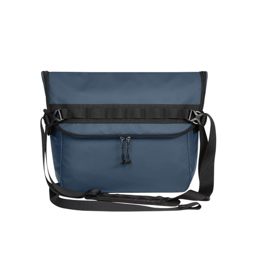A blue messenger bag with a black strap and zip closure, featuring a logo on the front.