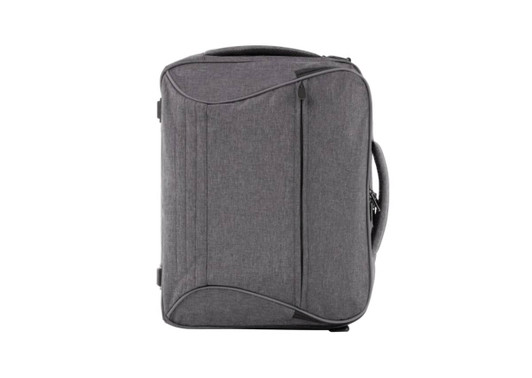 A grey bag with a structured design, featuring zippers and a carry handle, and includes a logo.