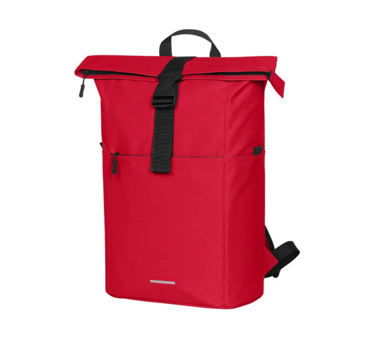 A red backpack with adjustable straps, a top flap secured by a buckle, and a front zip pocket.