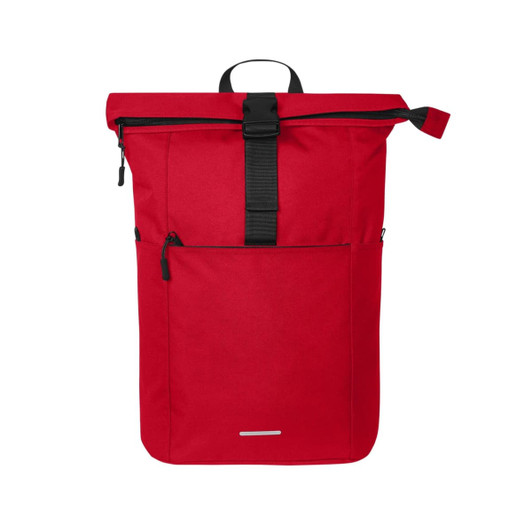 A red backpack with a roll-top closure, adjustable straps, and a front zip pocket. It features a logo.