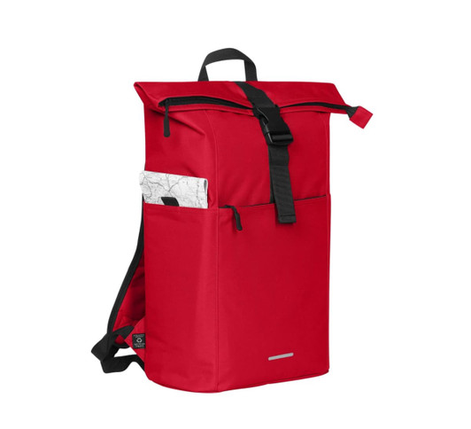 A red backpack with a roll-top design and a front pocket, featuring a logo on the side.