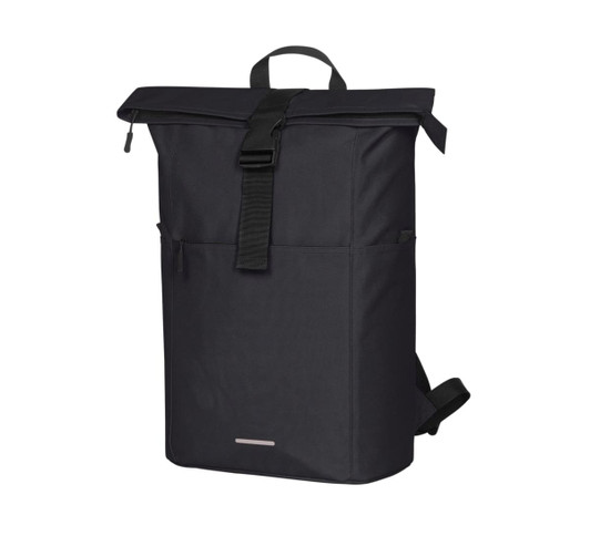 A black backpack with a roll-top design, featuring adjustable straps and a front pocket. It has a logo on it.