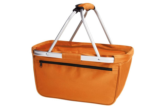 An orange basket shopper with silver handles and a zippered pocket on one side.