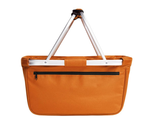 An orange basket shopper with a sturdy frame and a zippered pocket on the back.