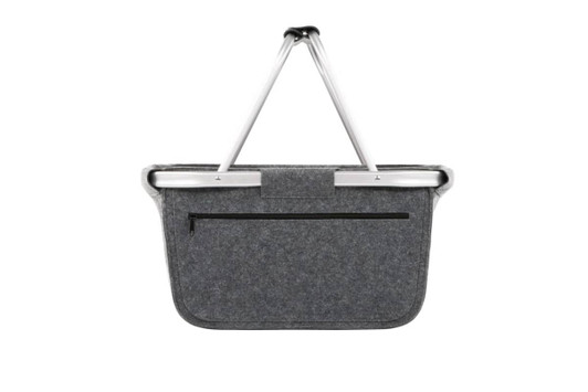 A grey felt shopper bag with a metal handle and a zippered pocket at the front.
