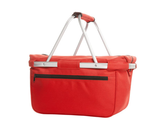 A red cooler shopper with silver handles and a zippered pocket on one side. It features a sturdy design for carrying items.