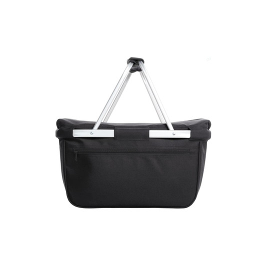 A black cooler bag with a sturdy handle and a zippered pocket at the back, featuring a logo.