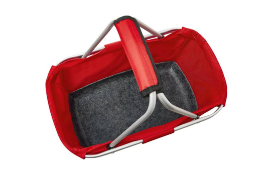 A red fabric basket with a grey interior and a metal frame, featuring a sturdy handle.