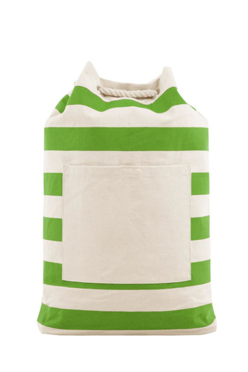 A striped green and cream beach backpack with a rope handle and a front pocket. It features a logo on the front.