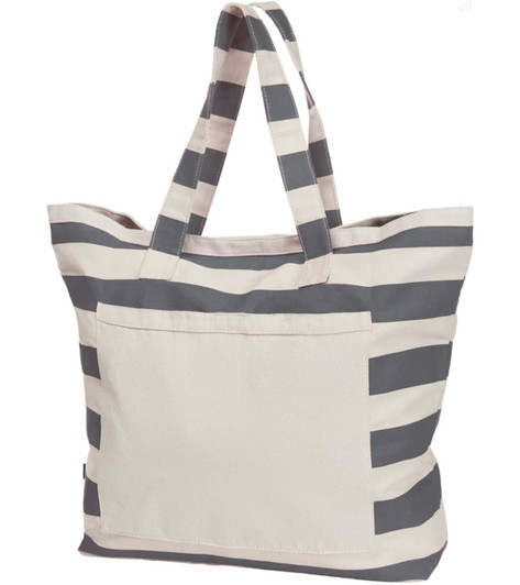 A large, striped tote bag in cream and grey featuring sturdy handles and a front pocket. It has a logo.