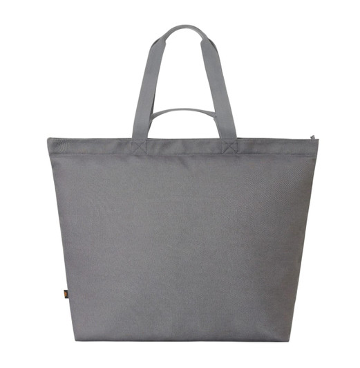A grey tote bag with dual handles and a simple design, featuring a small logo on the side.