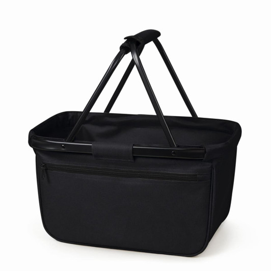 A black shopper bag with a sturdy frame and handle, featuring a zippered pocket on one side.