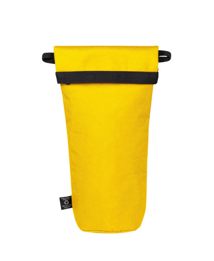 A drink bottle thermo bag in bright yellow with a black strap at the top and a branding label.