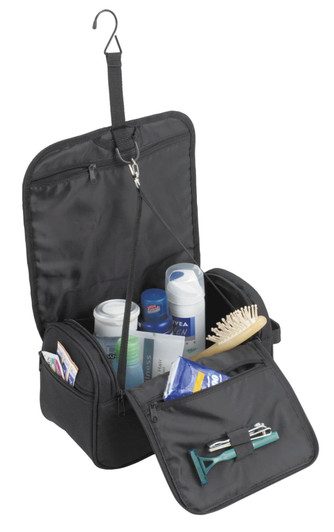 A black business wash bag opened, featuring various toiletries, a comb, and a hanging hook for easy access.