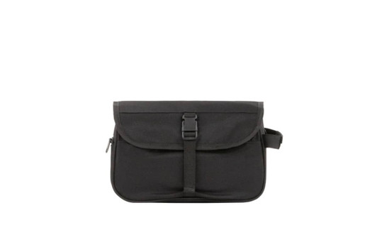 A black business wash bag with a flap closure, adjustable strap, and front buckle feature. It has a logo on the surface.