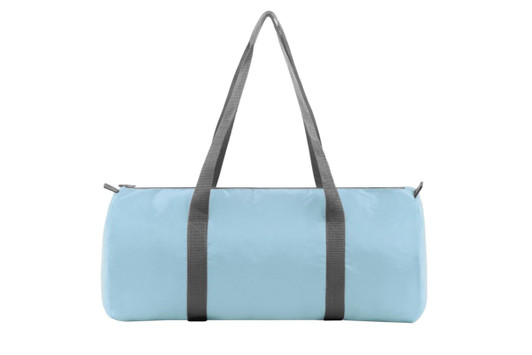 A light blue duffle bag with grey handles and a zip closure. The bag features a logo.