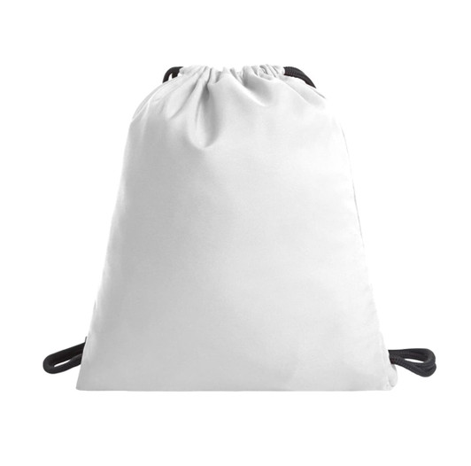 A white drawstring bag with black cords and a simple design, featuring a logo.
